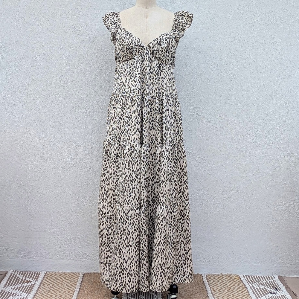 Anthropologie Endless Rose Champagne & Black Leopard Print Maxi Dress Sz Small